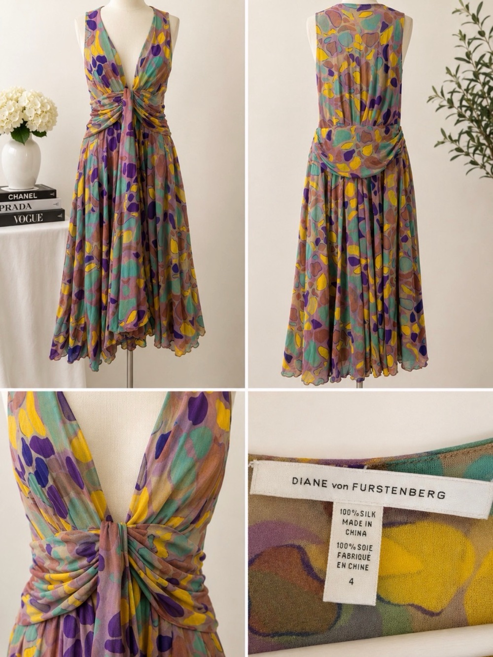Diane Von Furstenberg Multicolor Abstract Midi Dress - Purple, Yellow, Teal